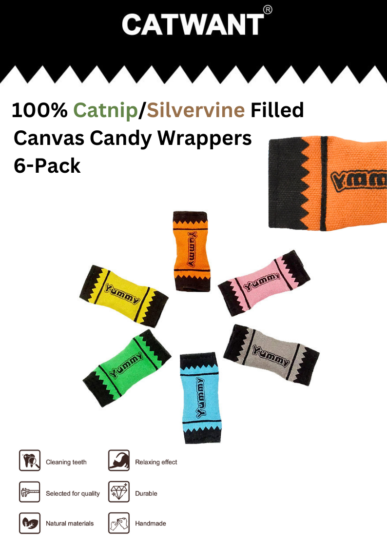 100% Catnip/Silvervine Filled Canvas Candy Wrappers, 6Pcs